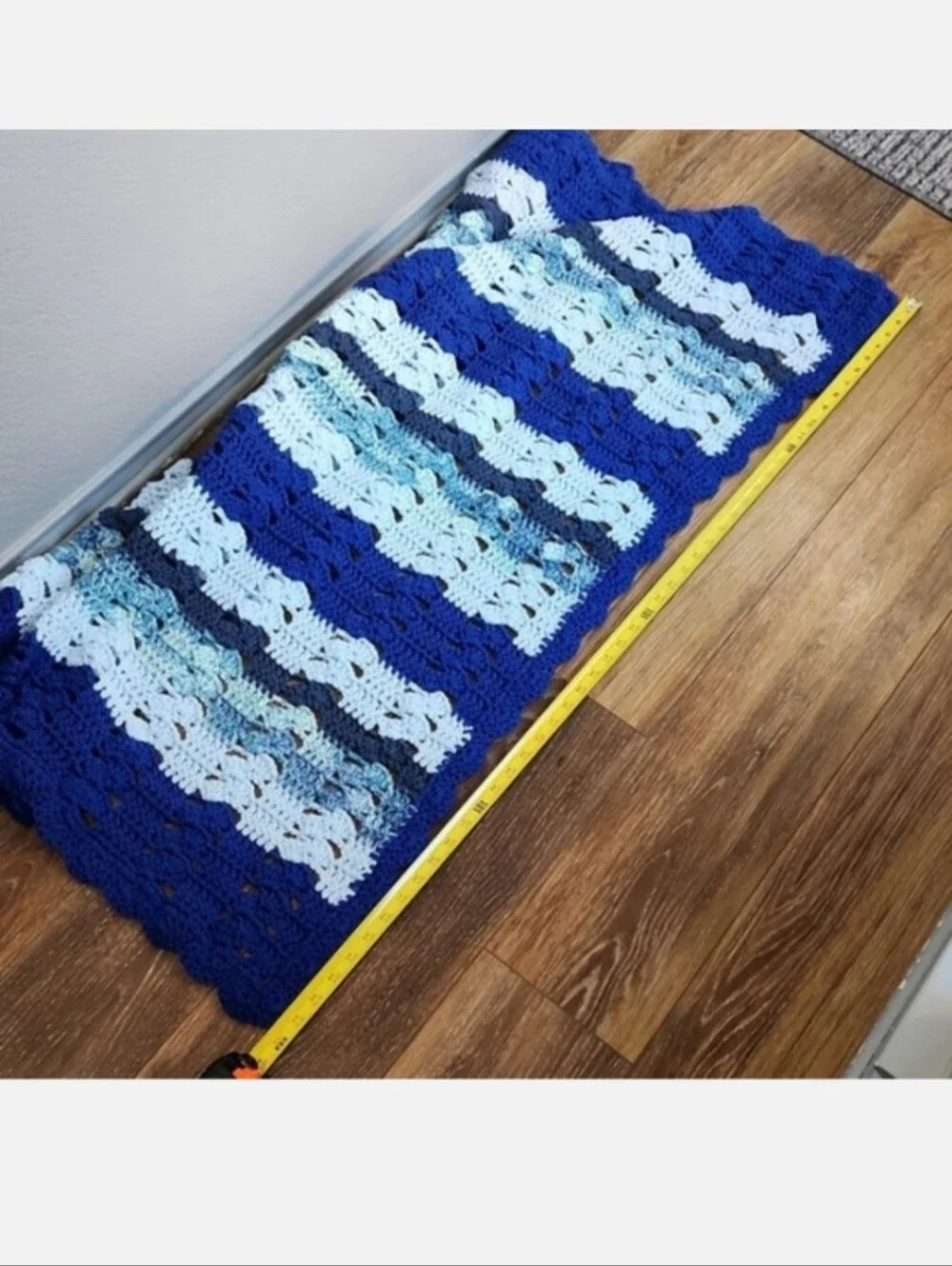 Knitted Crocheted Throw Blanket Blue Stripes